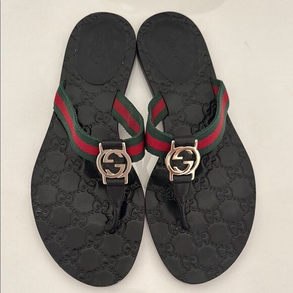 Gucci Interlocking GG Thong Sandals EU 39 US 9 Black Monogram Flat Flip Flop - Picture 1 of 9